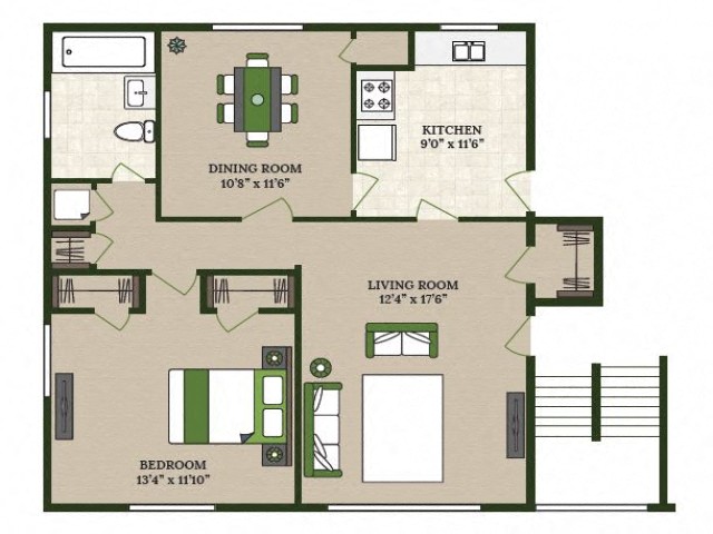 Floor plan for 1 bed, 1 bath, 870 sqft